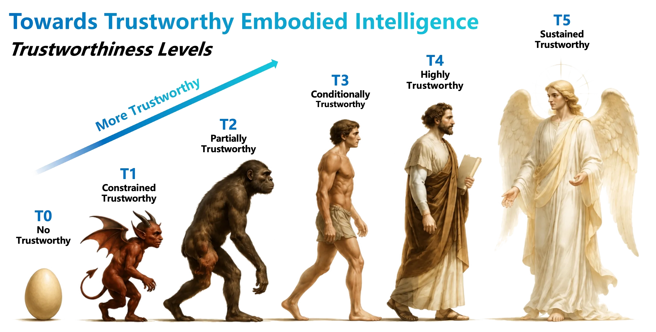 Trustworthiness levels T0 to T5 for embodied intelligence